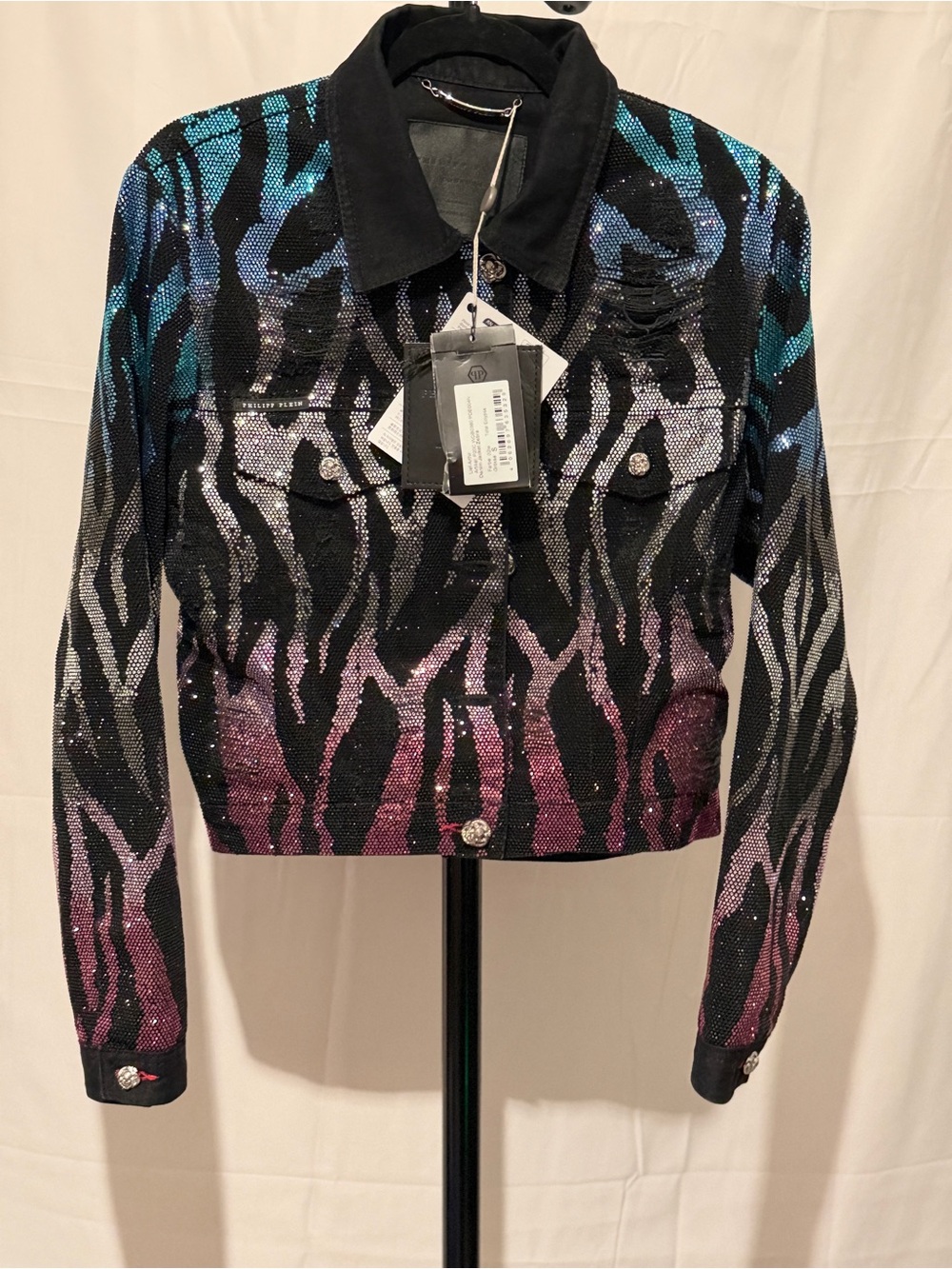 Philipp Plein Limited Release Crystal Zebra Lined Denim Jacket - US 4